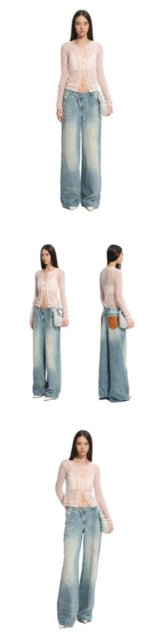 [NOTAWEAR] Washed Leather Pocket Low Rise Wide  Jeans