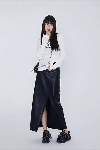 leather high waist slit skirt