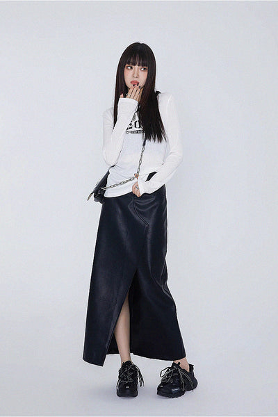 leather high waist slit skirt