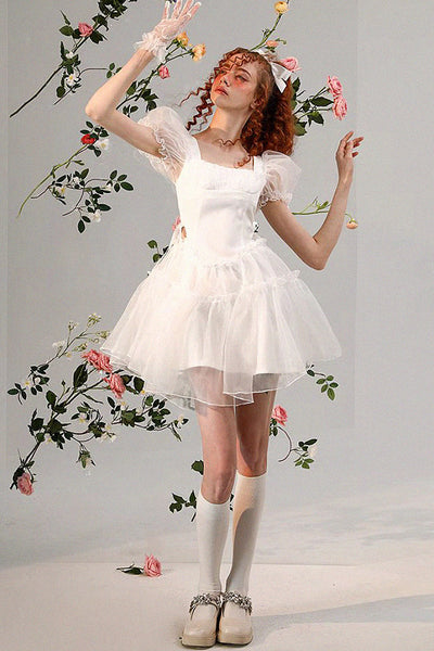 Organza Waist Puff Sleeve Dress