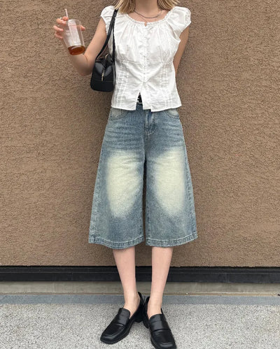 High-waisted flared Bermuda denim pants