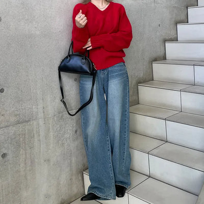 Washed wide-leg long denim pants