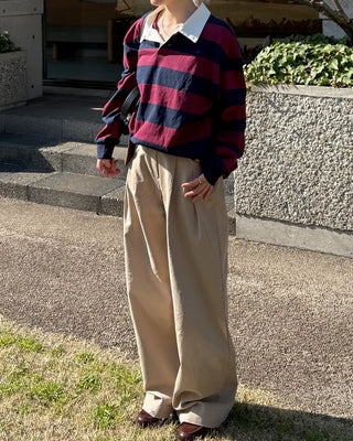 Double-pleated wide cotton pants