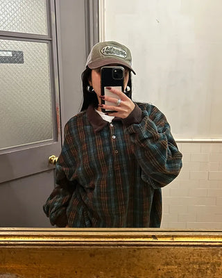 (Unisex) Polo Neck Tartan Check Fleece