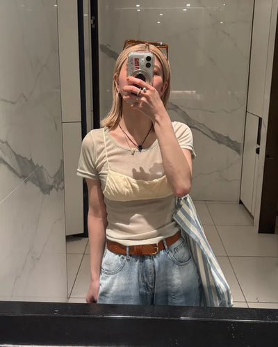 See-through slim half T-shirt
