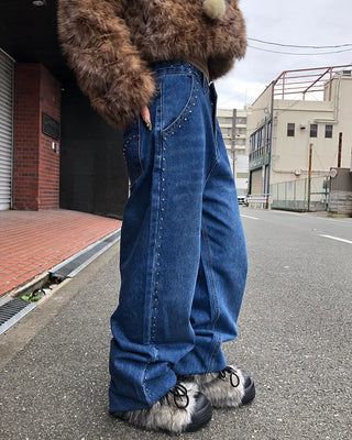 Studded Line Point Straight Denim Pants