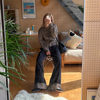 Low-rise denim roll-up wide-leg pants