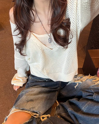 Camisole & Deep Glass Neck Mesh Knit