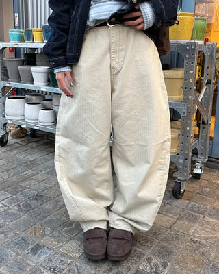 Cross-stitch flap pocket striped cotton pants