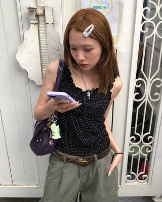 Pindot Ribbon Gathered Elastic Tank Top
