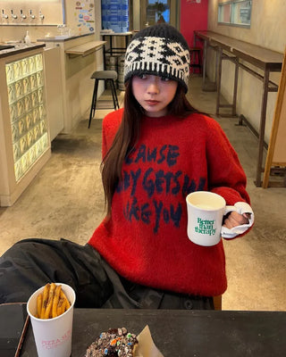 (Unisex) Bust Lettering Hairy Knit Sweater