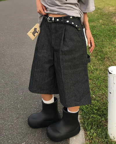 (Unisex) Striped Black Denim Loop Bermuda Pants