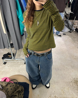 Round neck simple striped long T-shirt