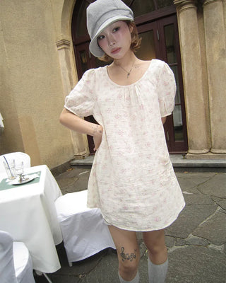 Short puff-sleeve walnut button pocket gauze tunic