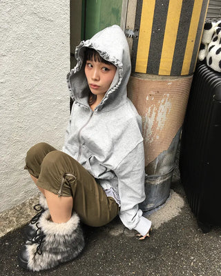 Shirred ruffle hem zip hoodie