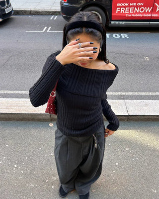 Ribbed wrap off-shoulder knit