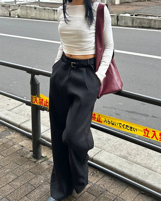 Boat neck cropped ribbed long-sleeve cut and sew