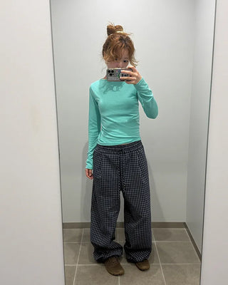 Elastic waistband checkered wide-leg pants