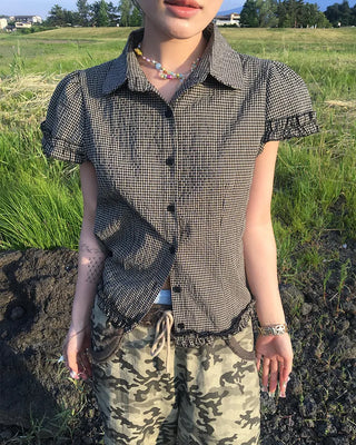 Puff frill sleeve checkered seersucker shirt
