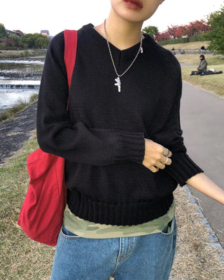 V-neck raglan shoulder wide rib sweater