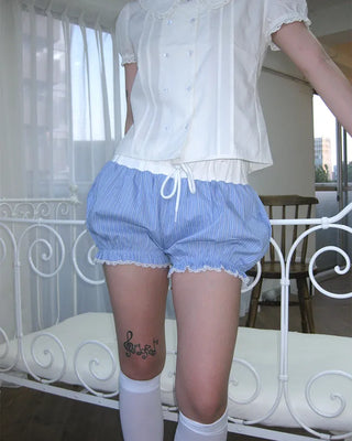 Lace hem striped short pumpkin pants