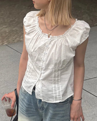 2-Way Gathered Elastic Lace Neck Button Blouse