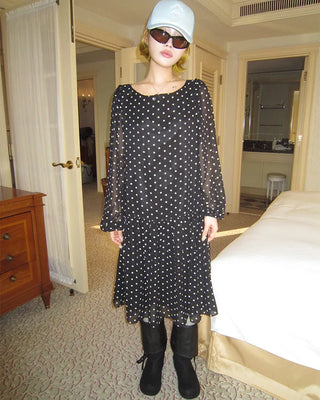 Bateau neckline polka dot yoke gathered chiffon dress