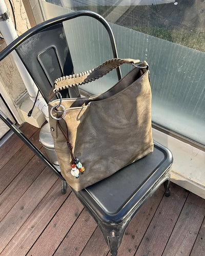 Ethnic Keyring Set One-Shoulder Leather Tote Bag