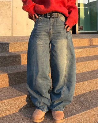 (Unisex) Center Seam Washed Balloon Denim Pants