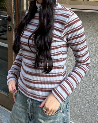 High-neck striped slim rib brushed long T-shirt