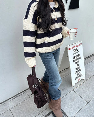 High-gauge knit polo neck wide striped sweater