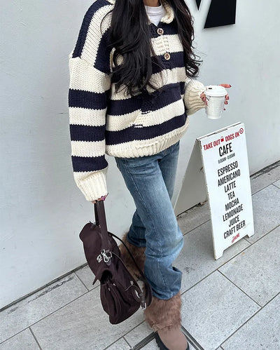 High-gauge knit polo neck wide striped sweater