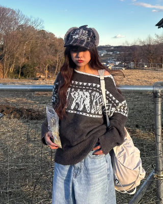 2-Way Slashed Neck Fair Isle Sweater