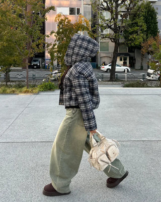 Tartan check hooded short down jacket