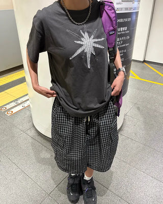 (Unisex) Check Star Patch Stitch Half T-Shirt