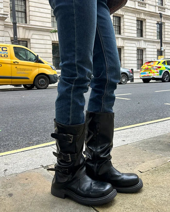 Square-toe triple-strap mid-calf boots