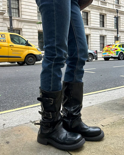 Square-toe triple-strap mid-calf boots