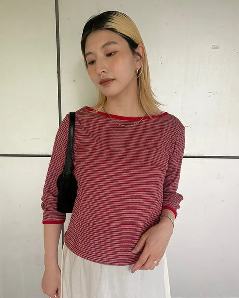 Border Slash Neck Cropped Sleeve T-Shirt