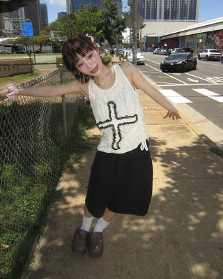 Tulle fabric distressed tank top