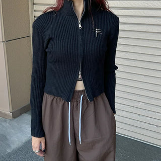 Applique zip-up knit