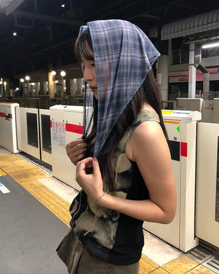 Checked chiffon babushka