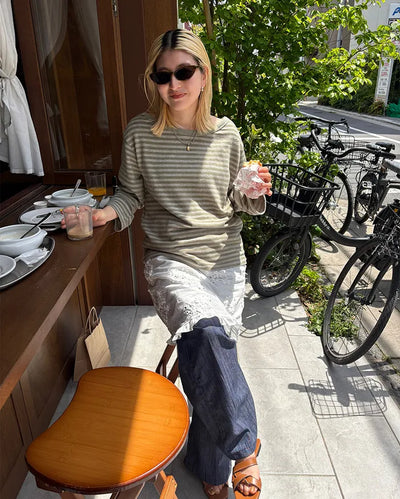 Boat neck striped long cut and sew