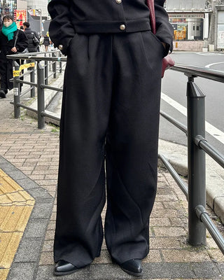 Belted Elastic Waist Tweed Wide Pants