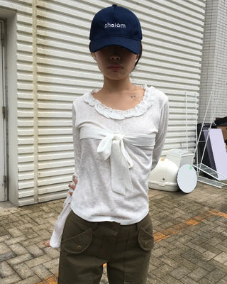 Frill Jewel Neck Ribbon Bust Long T-Shirt