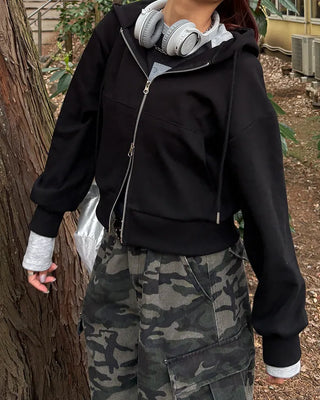 Cropped double-zip hoodie