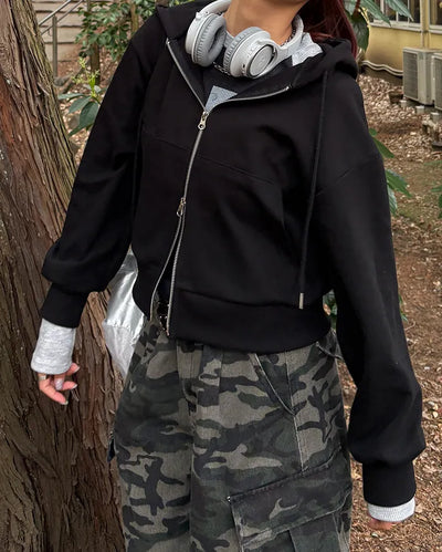 Cropped double-zip hoodie
