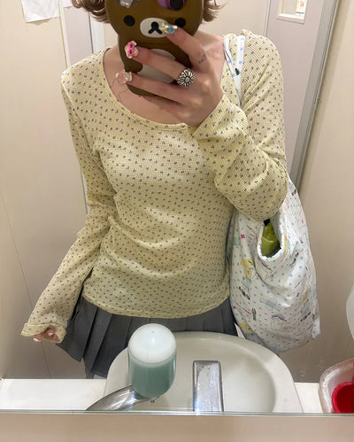 2-way neck floral rib long T-shirt