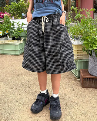 (Unisex) Check Seersucker Half Cargo Pants