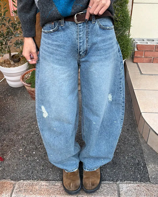 Studded distressed hem balloon denim pants