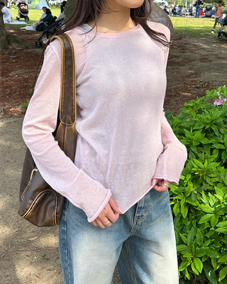 Round neck roll-up hem sheer knit